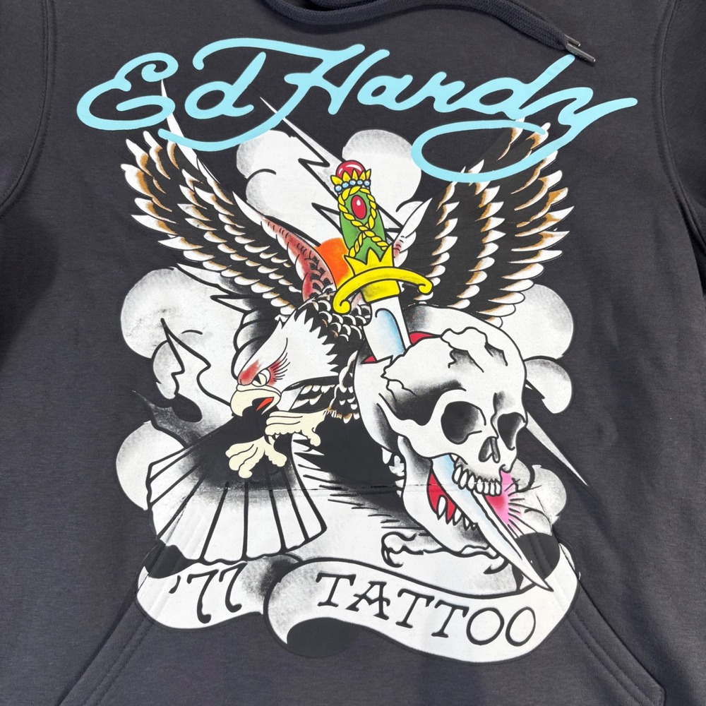 NEW Ed Hardy Hoodie Mens Medium Dark Grey New Tattoo Eagle Skull EEHM1300-2 - Picture 2 of 6